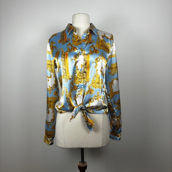 Satin Floral Tie Dress Shirt - Picture 1 of 4
